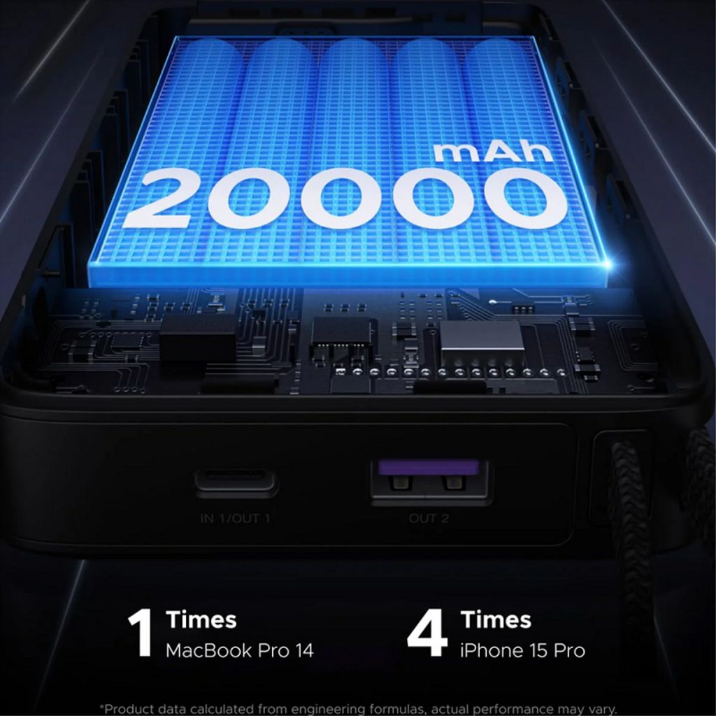 UGREEN Powerbank 20000mAh, 67W, QC + PD med innebygd USB-C-kabel – Grå