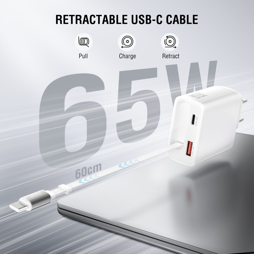 4Smarts PDPlug Jojo 65W vegglader PD GaN med uttrekkbar USB-C-kabel – hvit