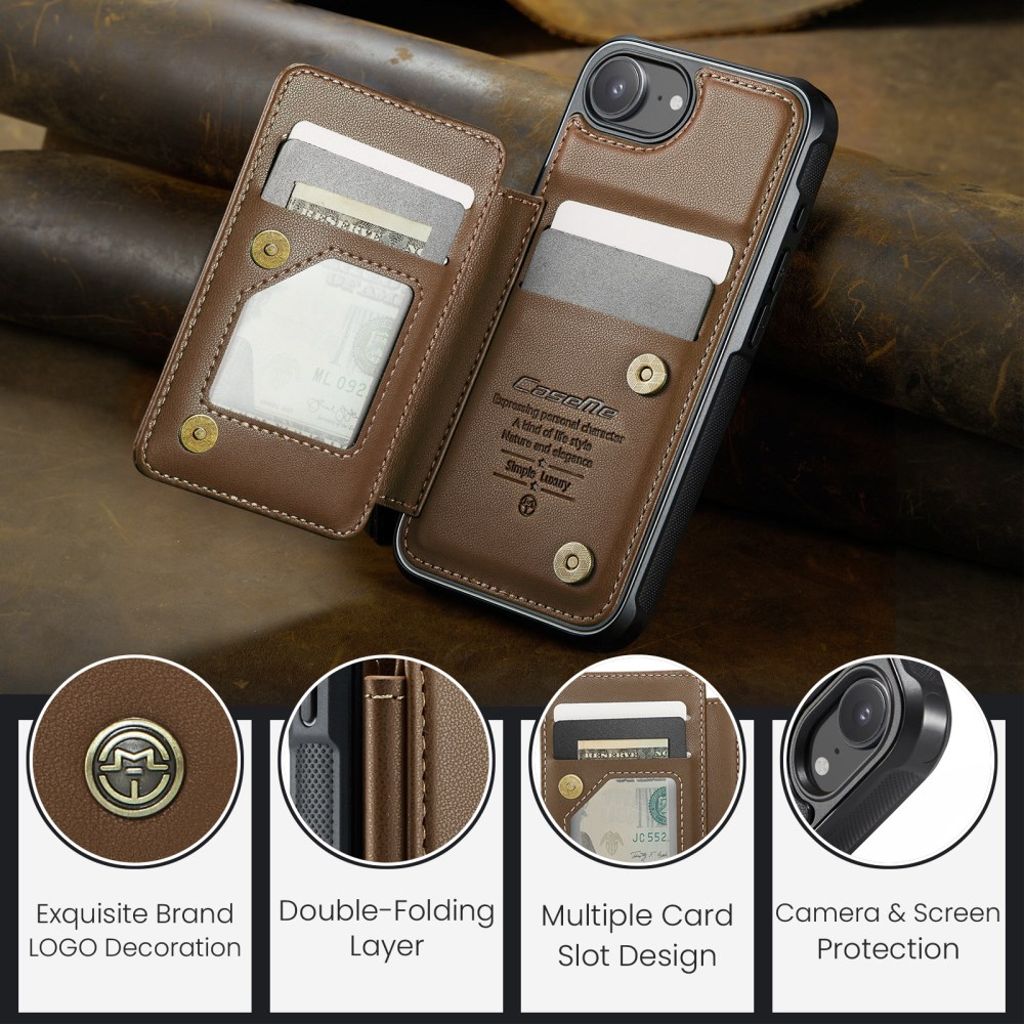 CASEME C22 Wallet Case with RFID Blocking for iPhone 16e – Brown