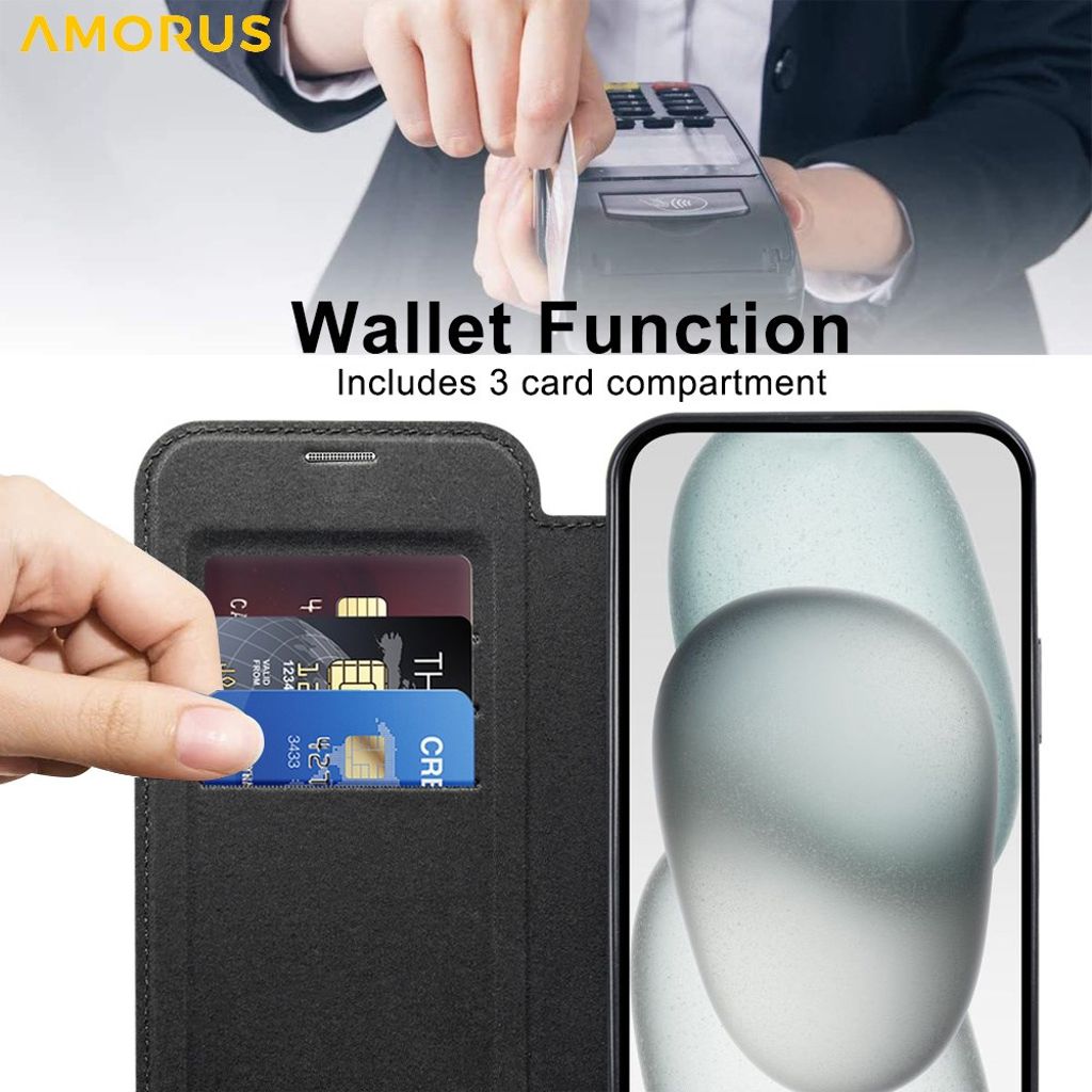 AMORUS iPhone 14 MagSafe Lommeboketui RFID-blokkerende – Svart