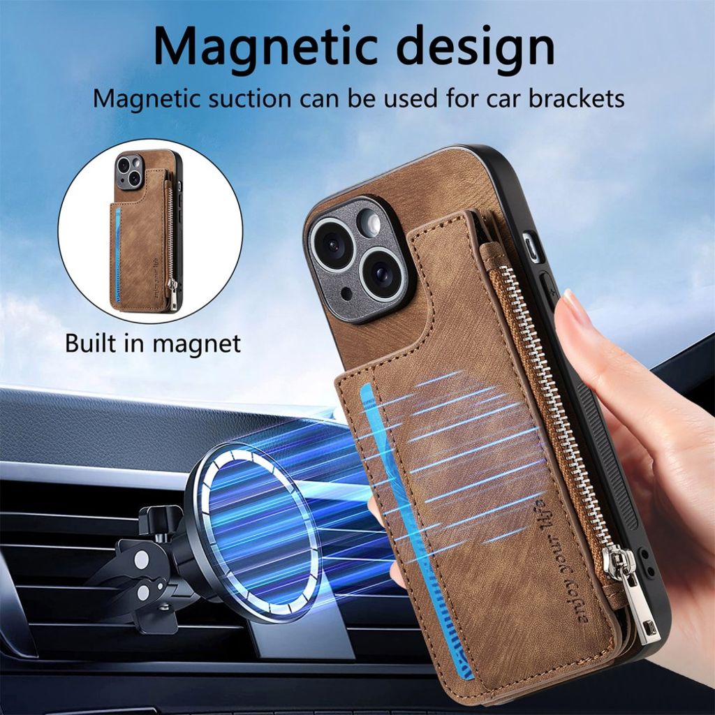 iPhone 14 Cover med Kortholder og Stativ - Brun