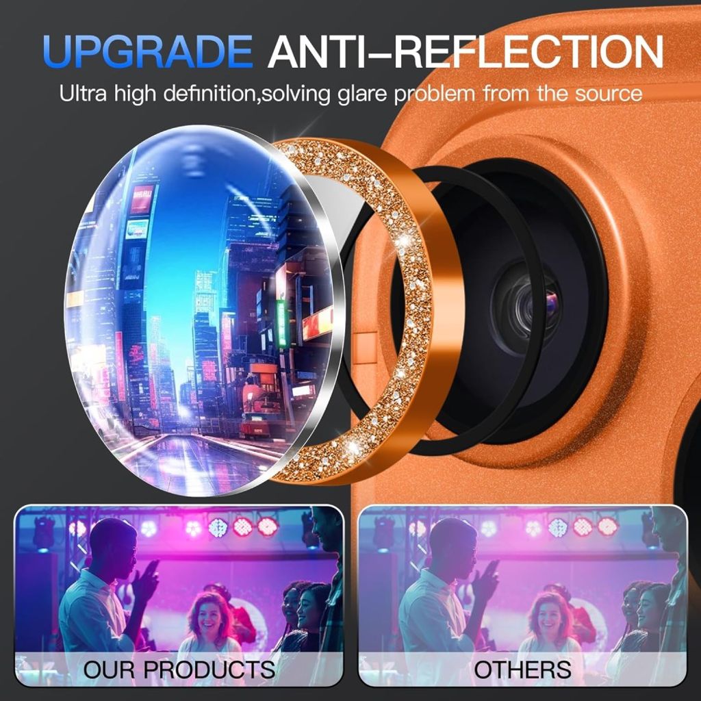 iPhone 18 Pro Glitter Linsskydd Härdat Glas/Metall Ring - Orange
