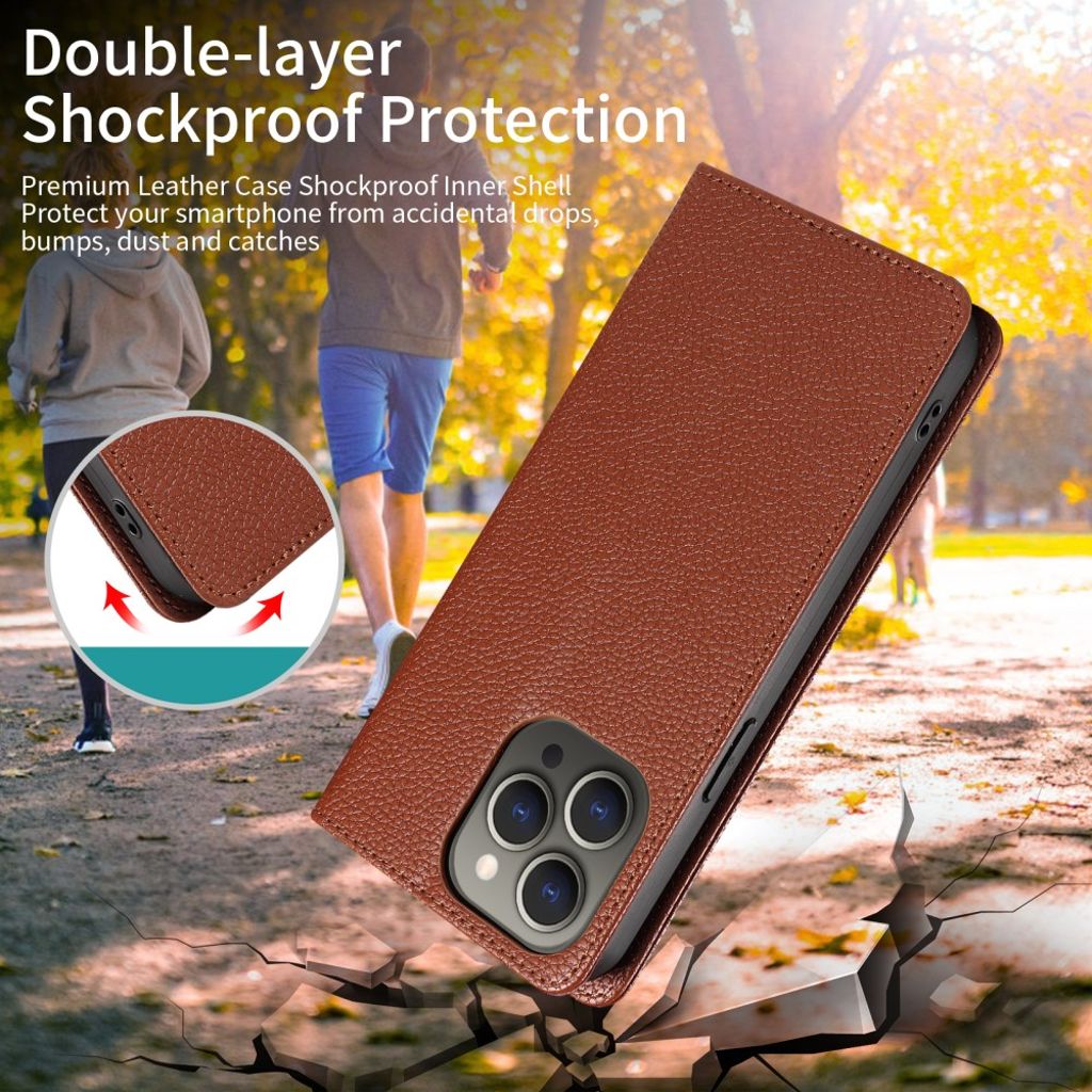 iPhone 14 Pro Wallet Cover RFID Blocking Stand - Brown