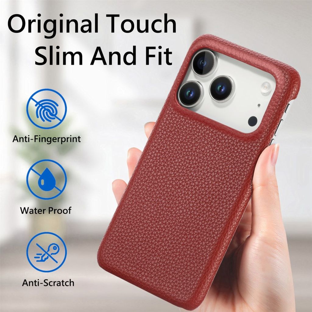 iPhone 17 Pro Max Deksel PU-lær Litchi-mønster - Rød