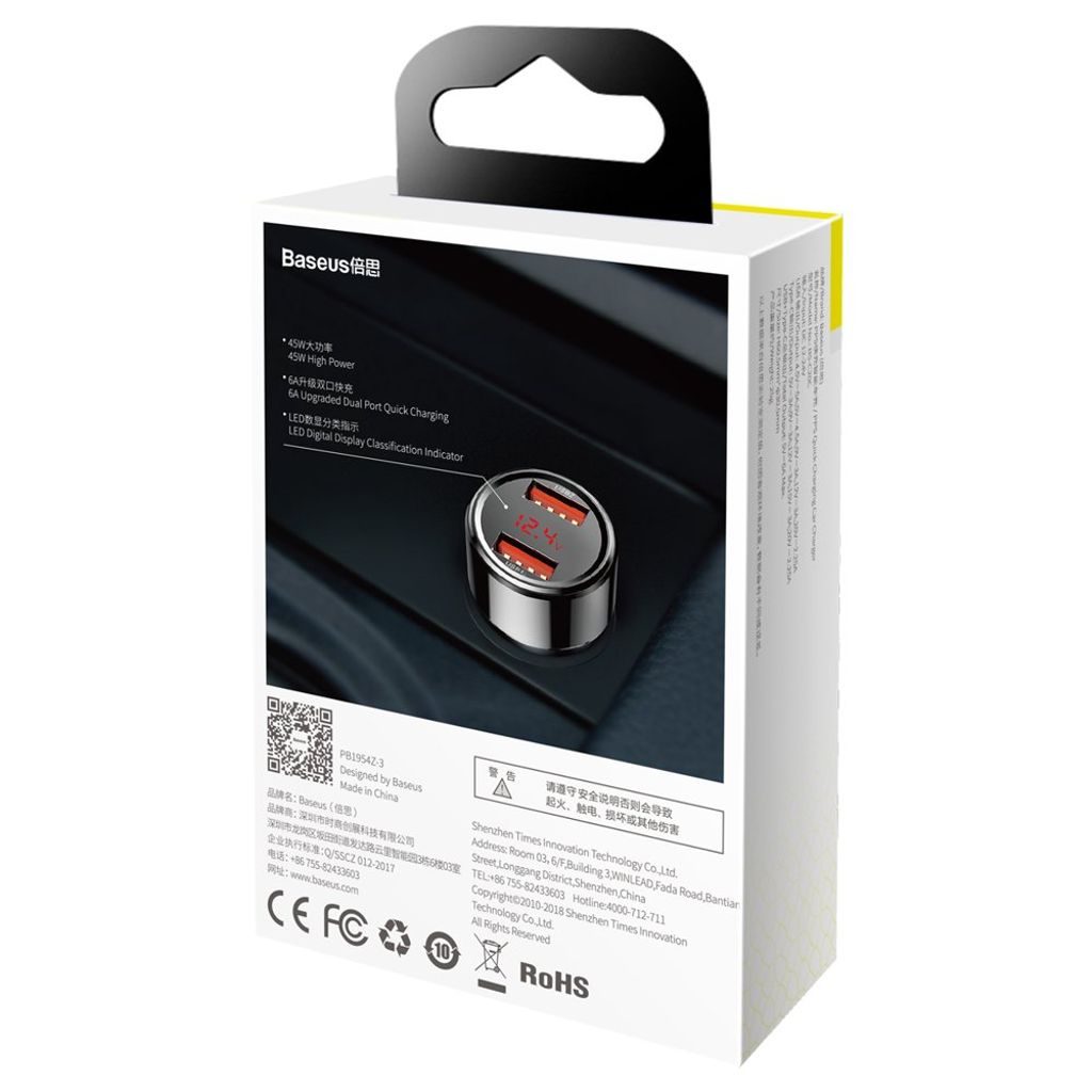 Baseus Magic Series Dual QC - Quick Charge 3.0 2x USB 45W 6A biloplader sort