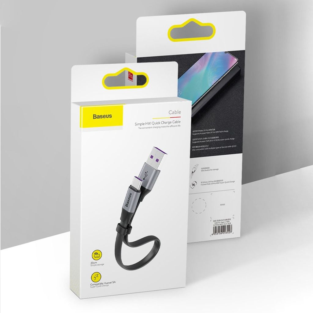 Baseus Simple flat USB til USB-C kabel 23cm 5A 40W grå