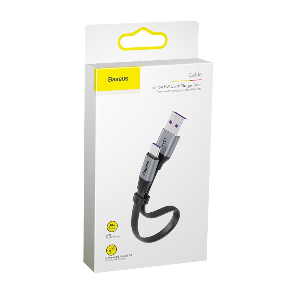 Baseus Simple flat USB til USB-C kabel 23cm 5A 40W grå