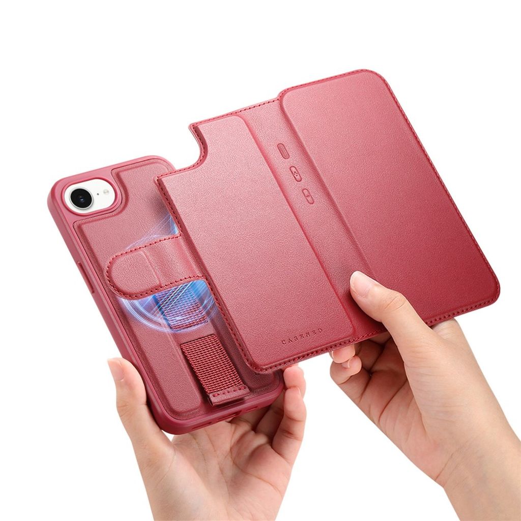 CASENEO Plånboksfodral RFID-blockerande med Handledsband för iPhone 16e – Röd