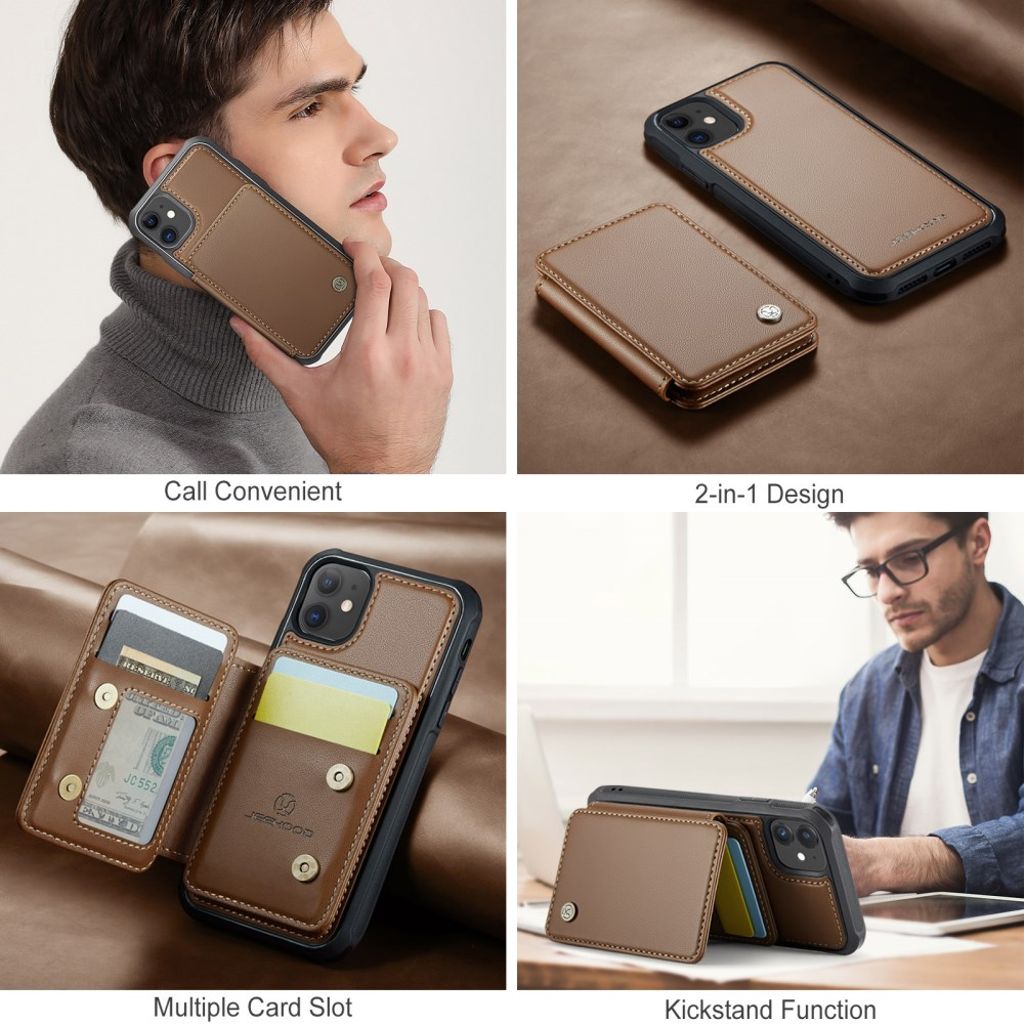 Jeehood iPhone 11 Skal med Magnetisk Avtagbar Korthållare – Brun