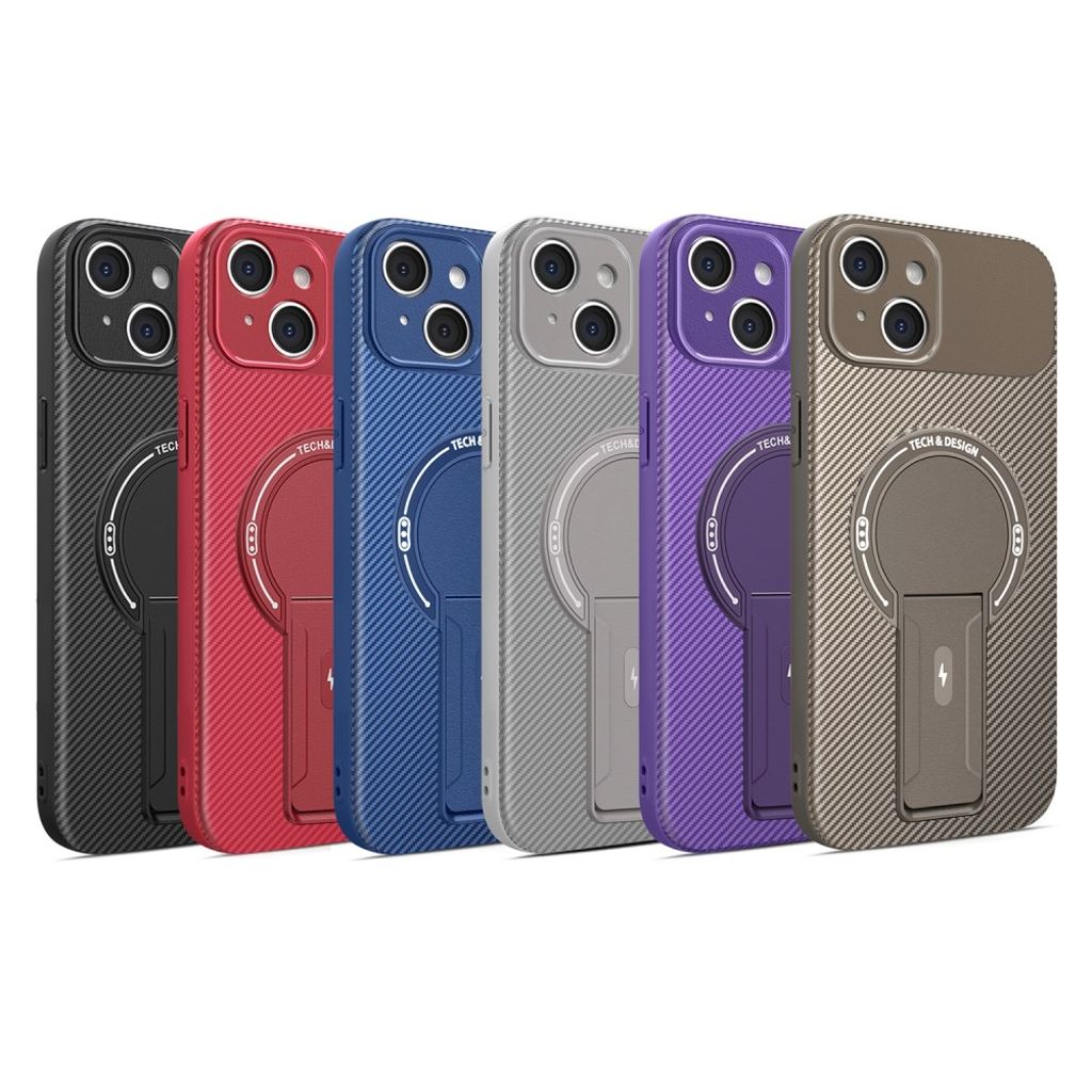 iPhone 15 Skal Stativ Kolfibertextur - Blå