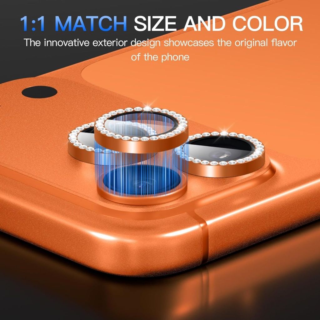 iPhone 18 Pro linsskydd i härdat glas med strassprydd metallring – Orange