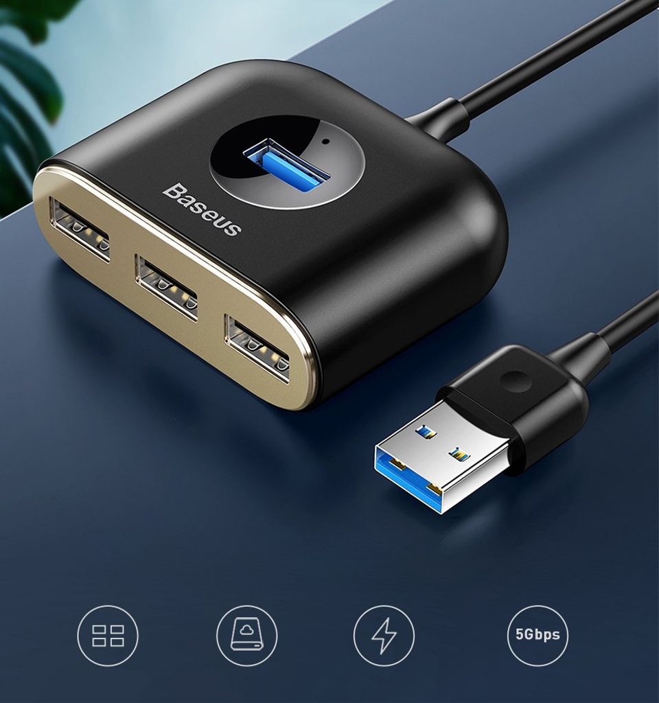 Baseus Square USB-hub USB-A til 4 porter – svart (1 m)