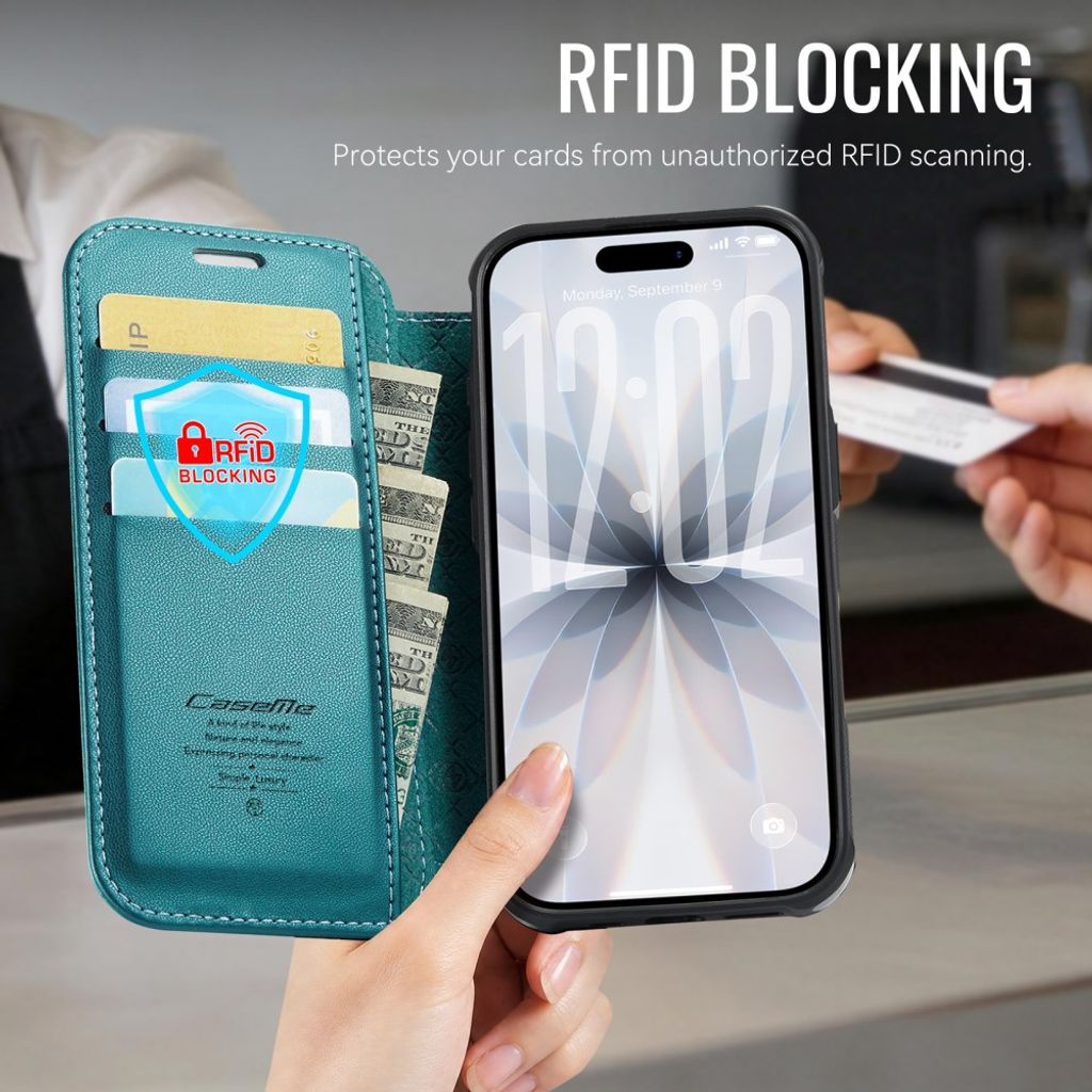 CASEME 053  iPhone 16 Plus Lompakkokotelo MagSafe RFID-estävä - Turkoosi