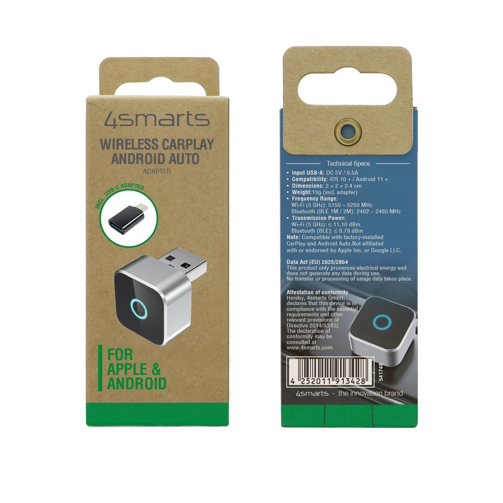4smarts 2-i-1 trådløs CarPlay / Android Auto-adapter - Svart/Grå