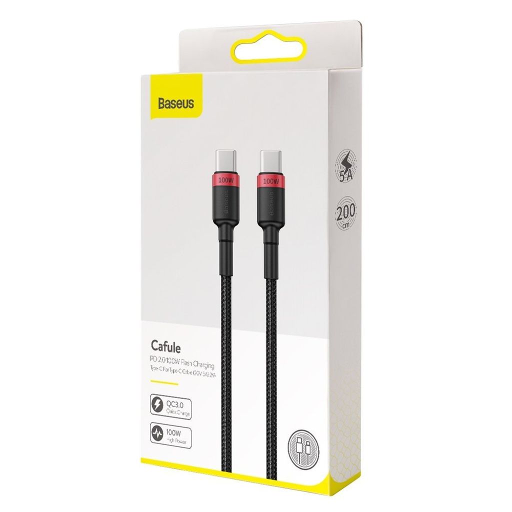 Baseus CATKLF-AL91 USB-C til USB-C PD QC kabel 100W 2m – sort/rød