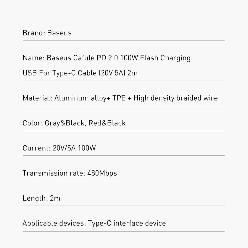 Baseus CATKLF-AL91 USB-C til USB-C PD QC kabel 100W 2m – sort/rød