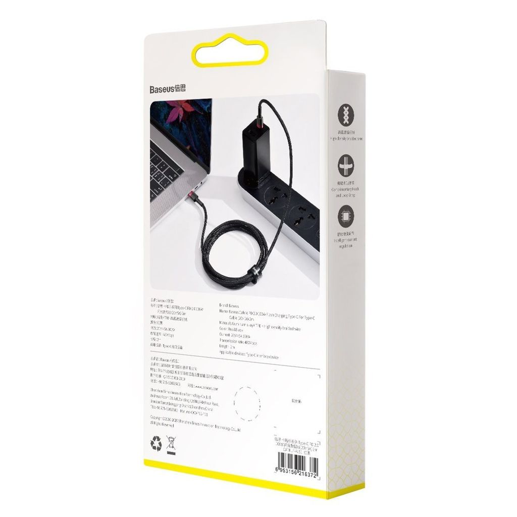 Baseus CATKLF-AL91 USB-C til USB-C PD QC kabel 100W 2m – sort/rød