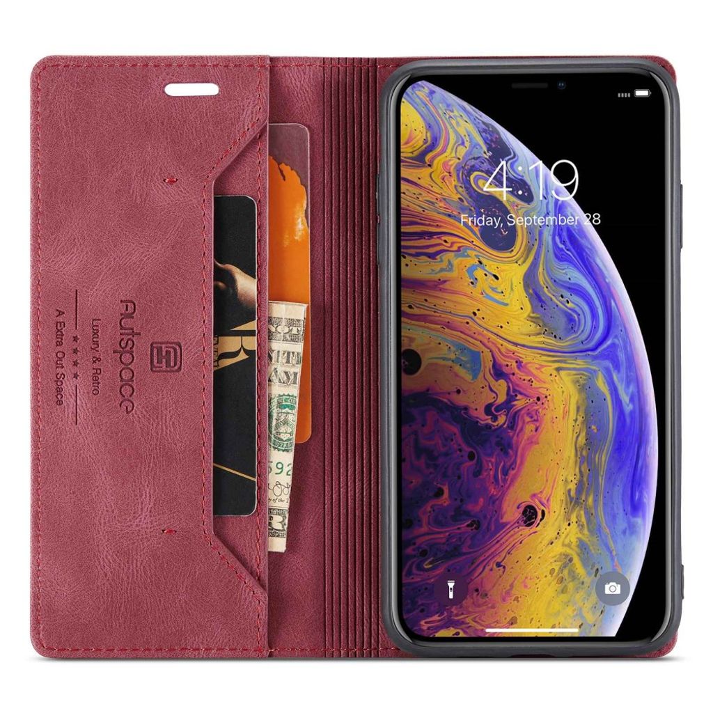 AUTSPACE iPhone X/XS Plånboksfodral RFID-blockerande Stativ – Röd