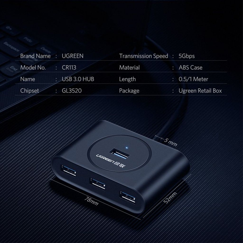 Ugreen HUB 4x USB 3.2 Gen 1 (0,5 m kabel) svart
