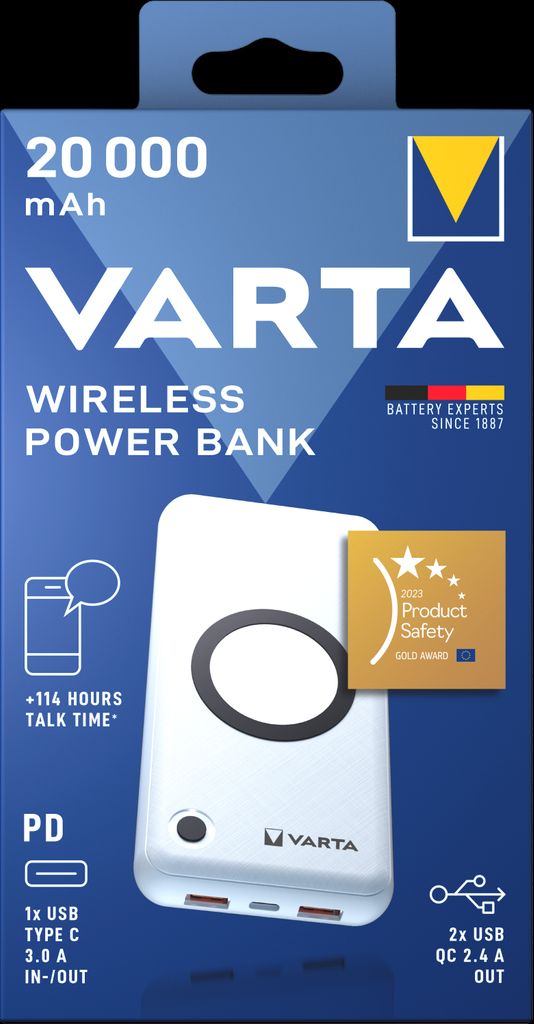 Varta Trådlös Powerbank 20000mAh, USB-C, 2x USB-A