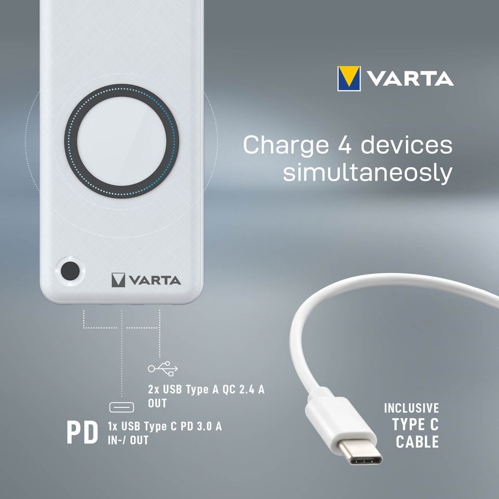 Varta Langaton Varavirtalähde 10000mAh, USB-C, 2x USB-A