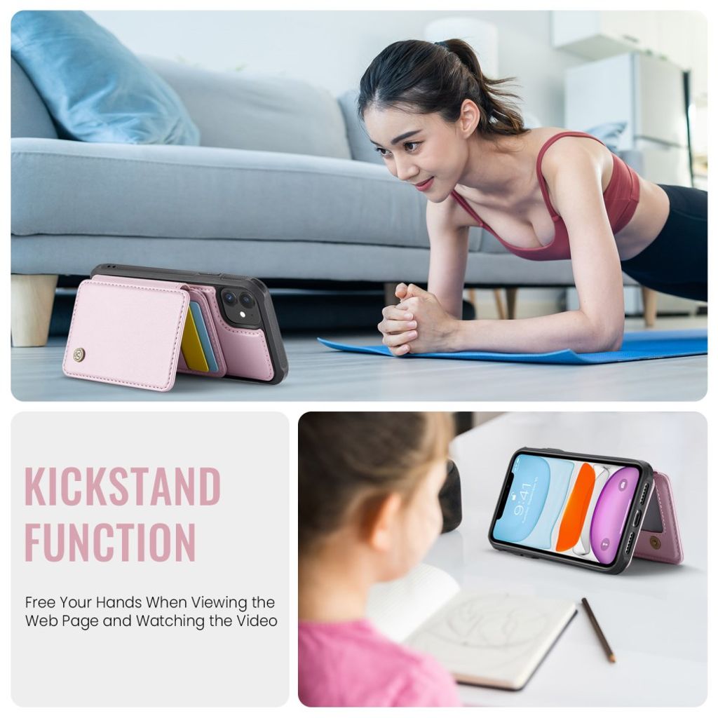 JEEHOOD iPhone 11 Lompakkokuori irrotettavalla kortin haltijalla – Vaaleanpunainen