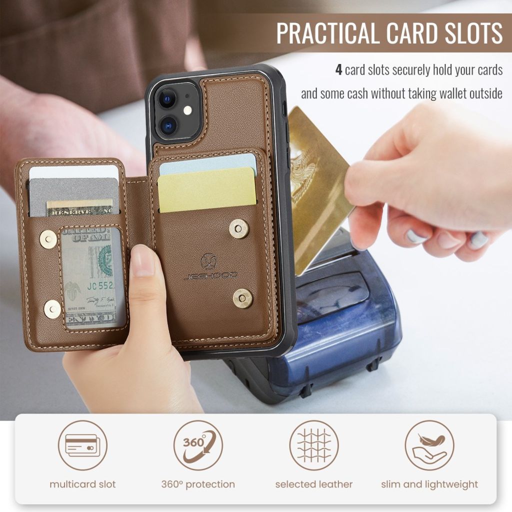 Jeehood iPhone 11 Skal med Magnetisk Avtagbar Korthållare – Brun