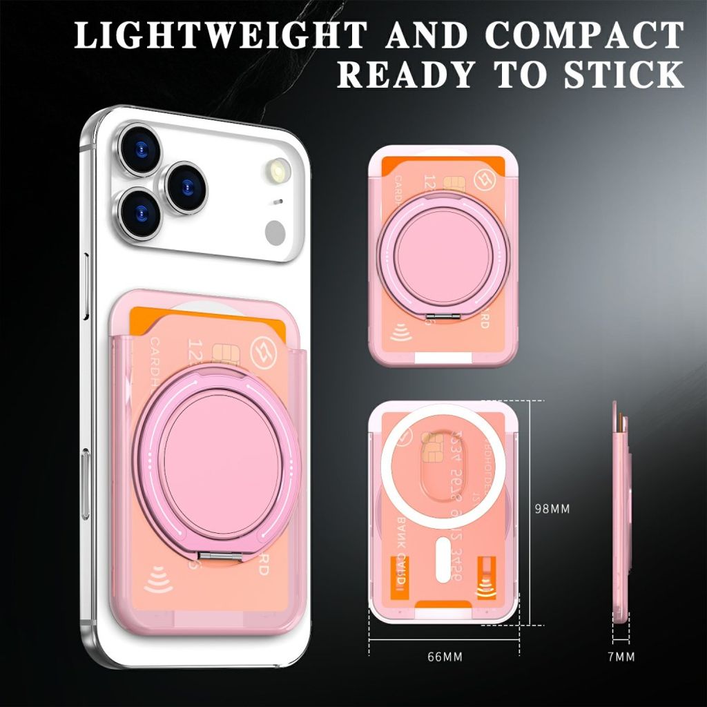 Magnetisk kortholder til mobiltelefon med ringstativ - gjennomsiktig rosa