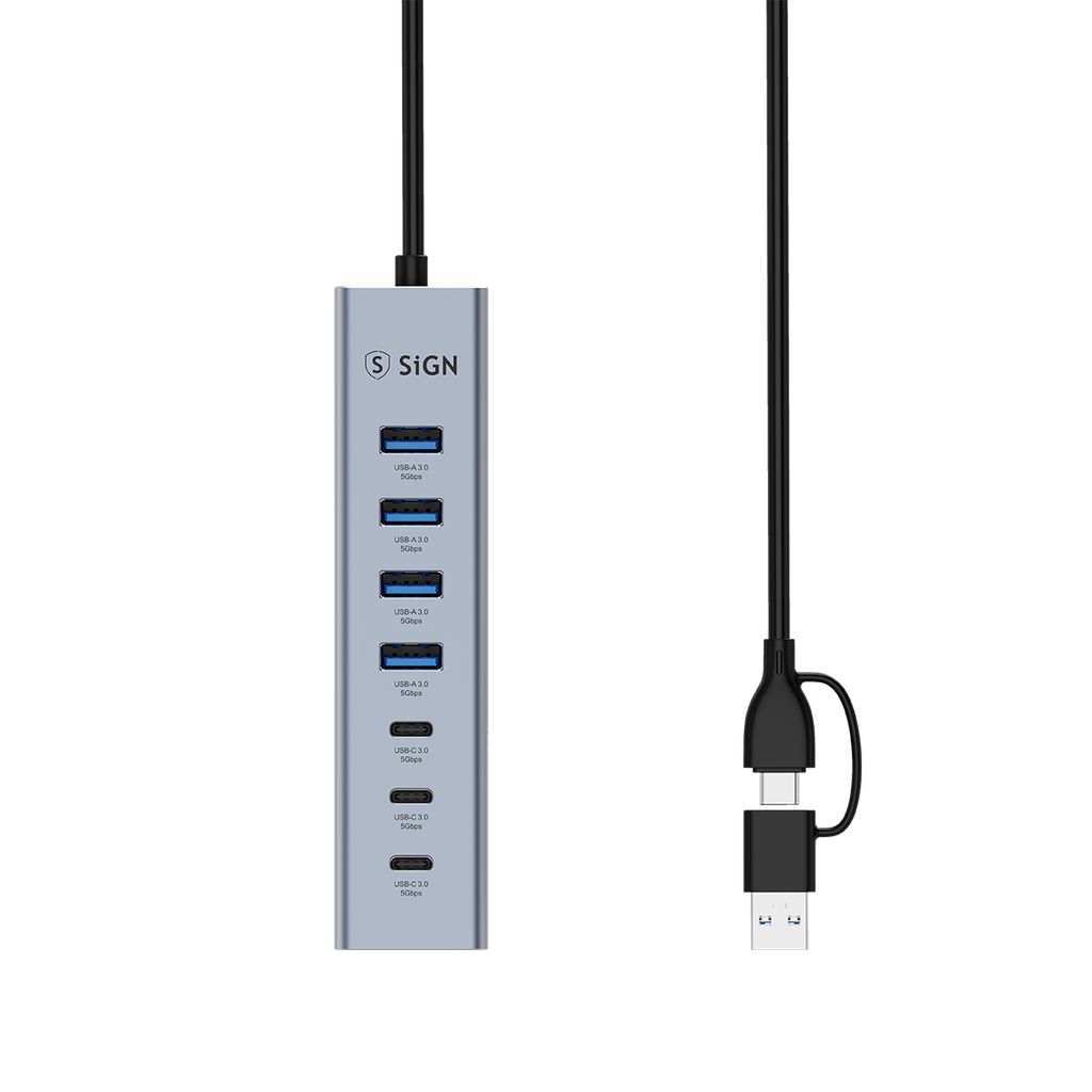 SiGN 7-i-1 USB-hub 4x USB-A / 3x USB-C, 1,2 m