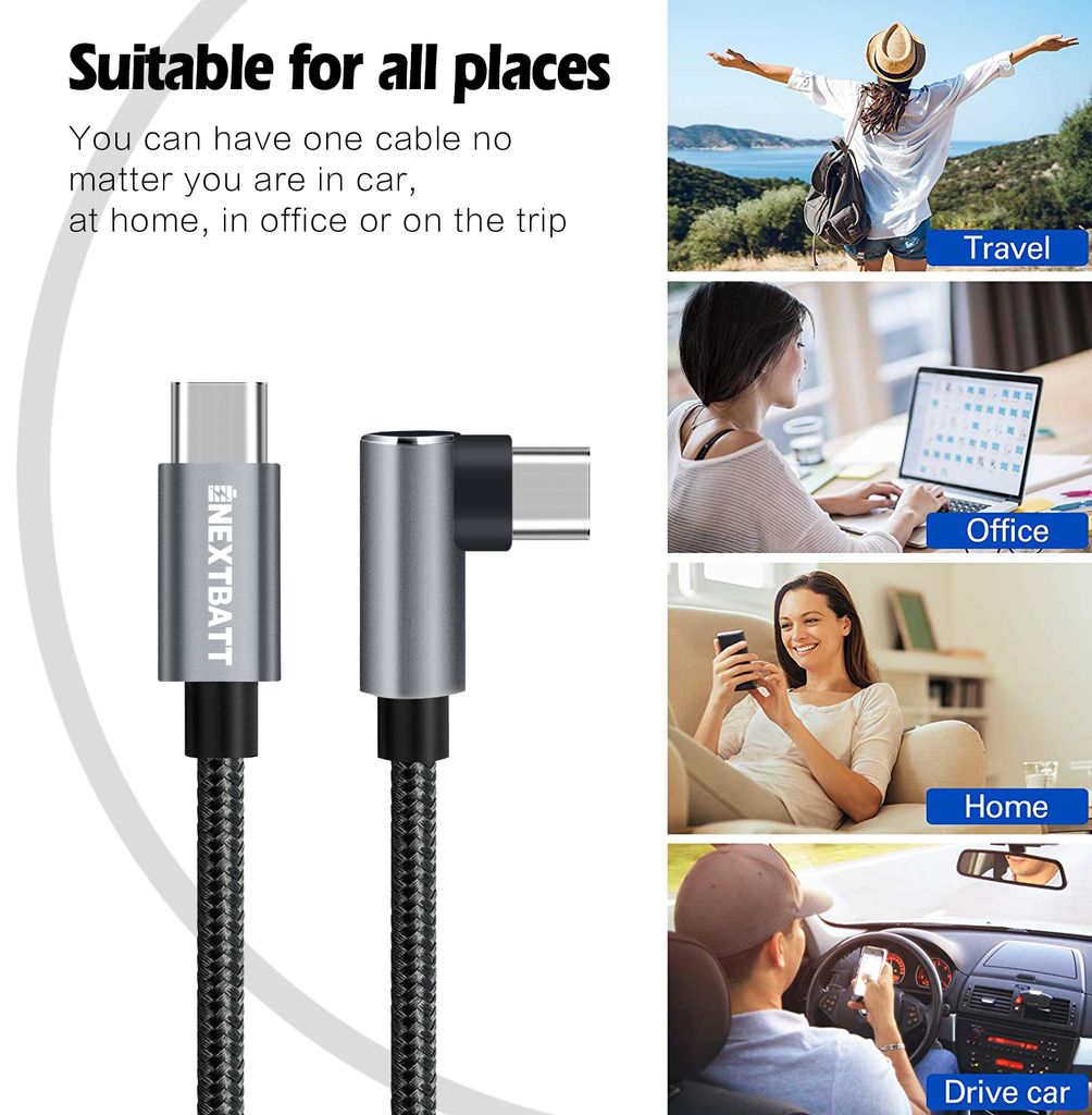 NEXTBATT USB-C til USB-C vinklet kabel 60W, 2m - Svart