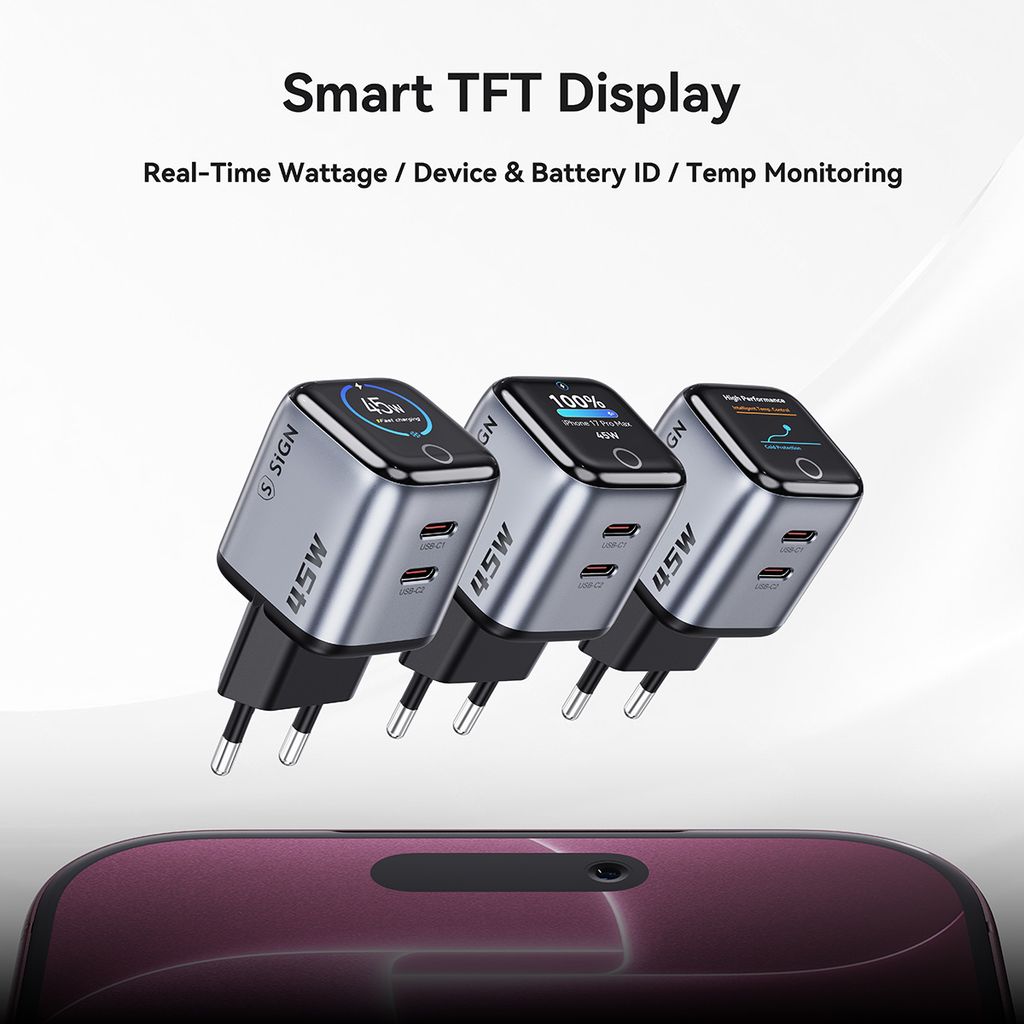 SiGN 45W Snabbladdare med Display – 2x USB-C - Grå