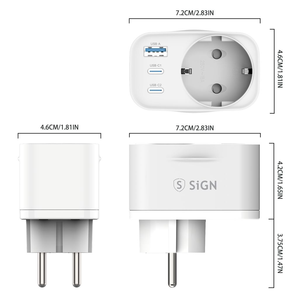 SiGN Väggadapter 30W med eluttag/USB-C/USB-A – vit