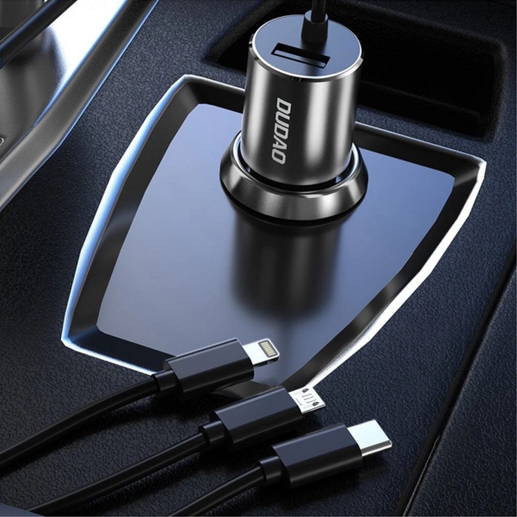 Dudao 3in1 USB-A billaddare med inbyggd Lightning/ USB-C/ mikro-USB-kabel