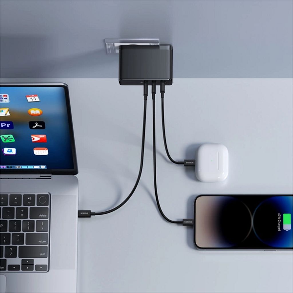 Baseus GaN5 Pro vegglader 2x USB-C, 1x USB-A, 160W + USB-C-kabel, 240W - Svart