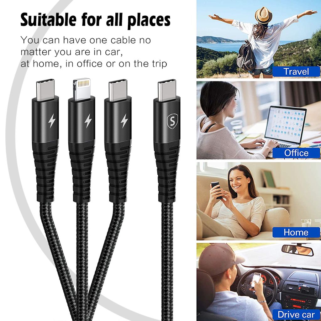 SiGN 3-i-1 USB-C-kabel Lightning 27W og 2x USB-C 60W – Svart