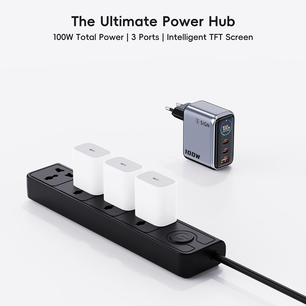 SiGN 100W Snabbladdare med Display – 2x USB-C / 1x USB-A - Grå
