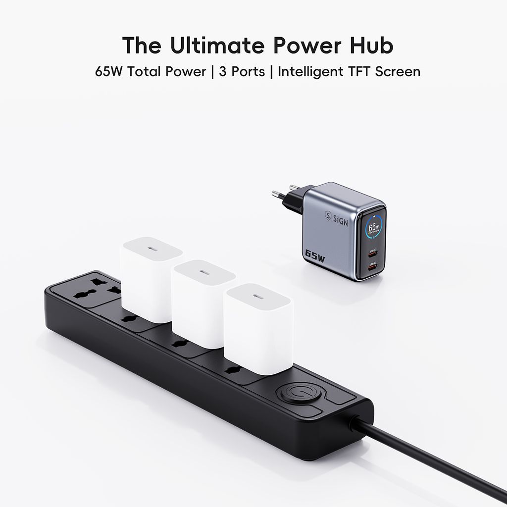 SiGN 65W Snabbladdare med Display – 2x USB-C / 1x USB-A - Grå