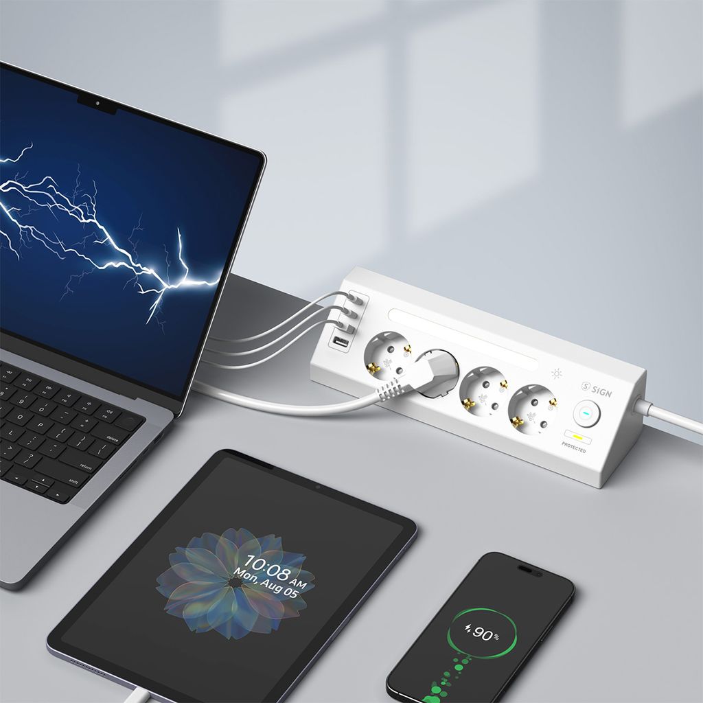 SiGN hurtigladende strømskinne for skrivebord 4-veis/2x USB-A/2x USB-C 1,8m – hvit