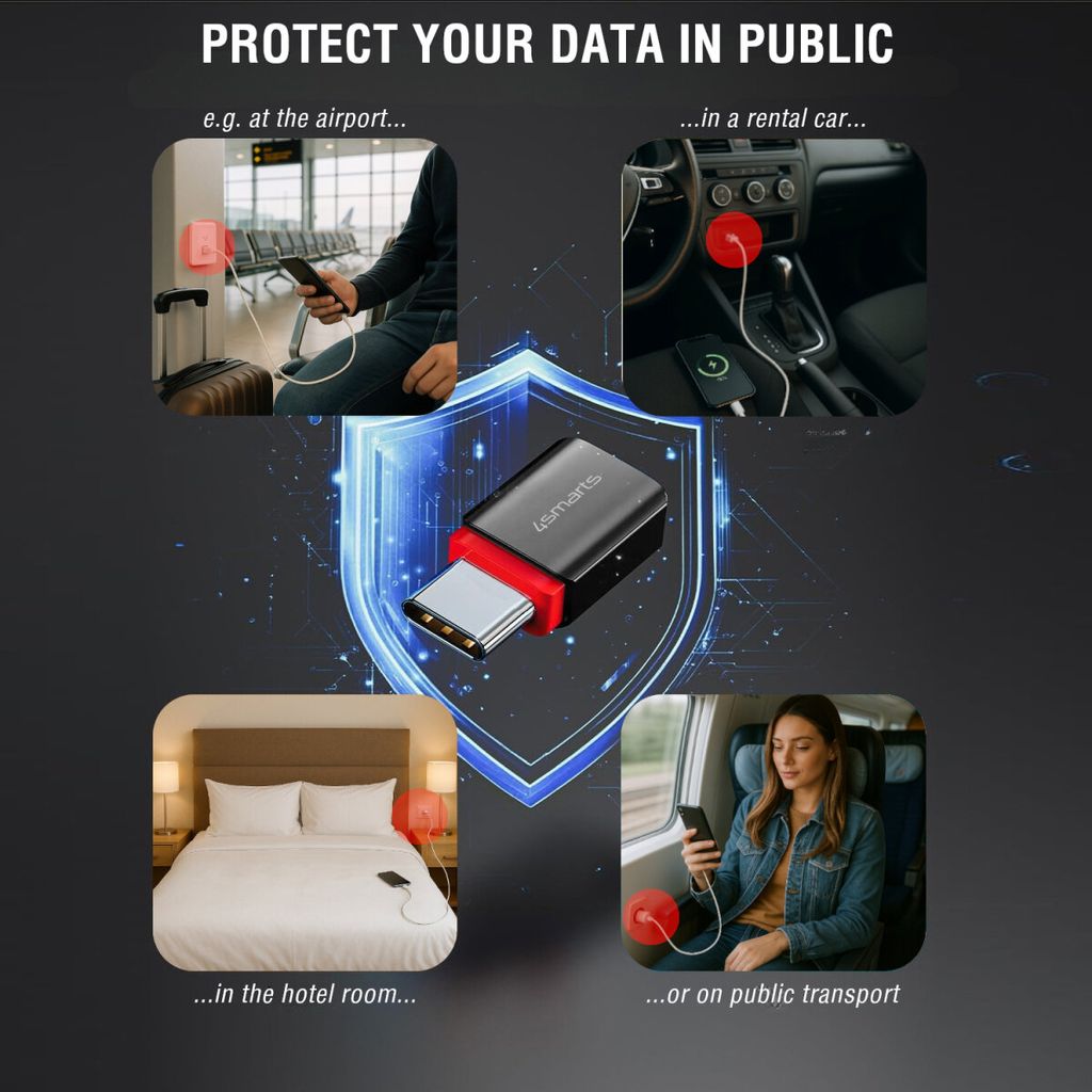 4Smarts Data Blocker -sovitinsarja USB-C - USB-A + USB-C, 2 kpl - musta