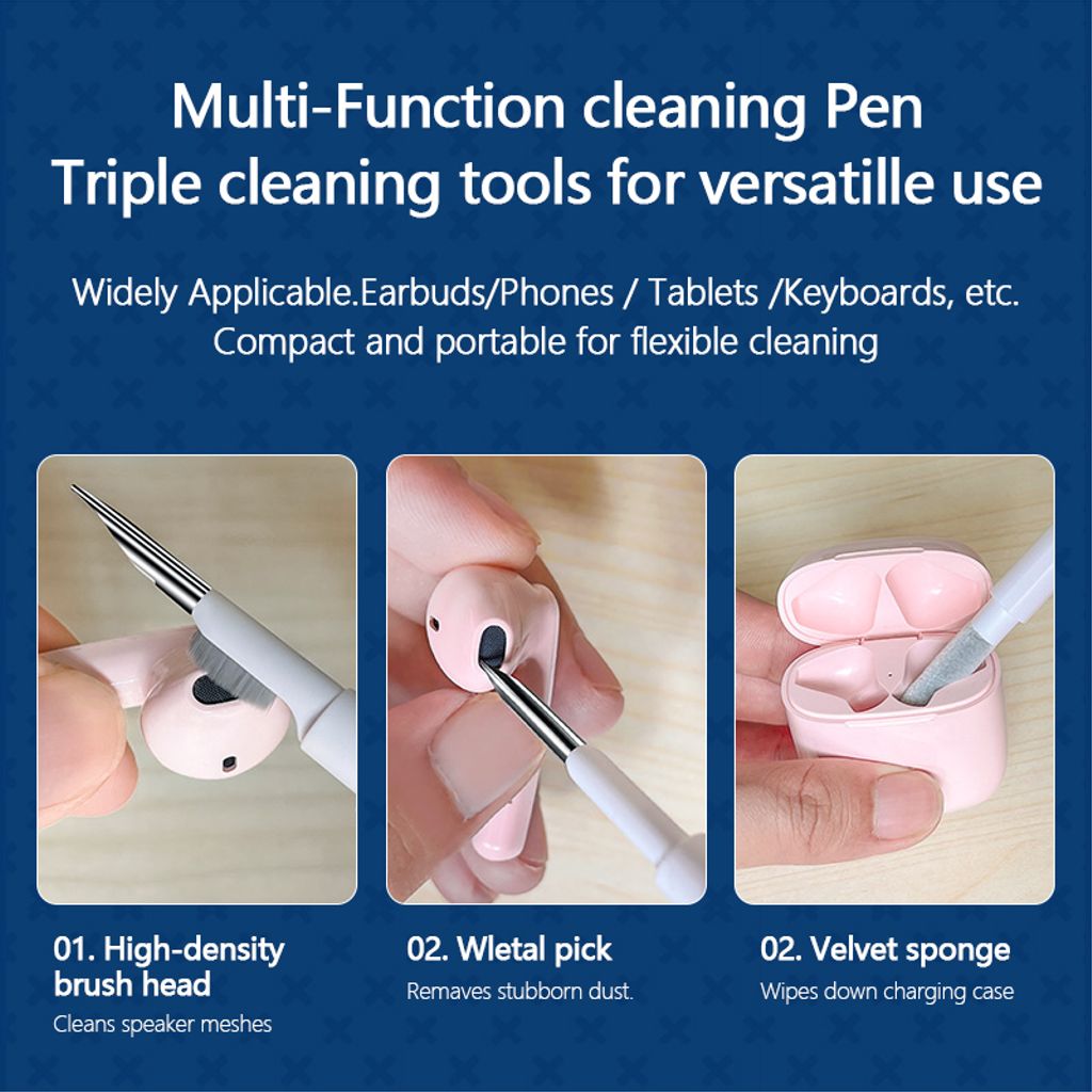 Teleskopisk Q5 rengøringsbørste til hovedtelefoner og opladningsetui – hvid