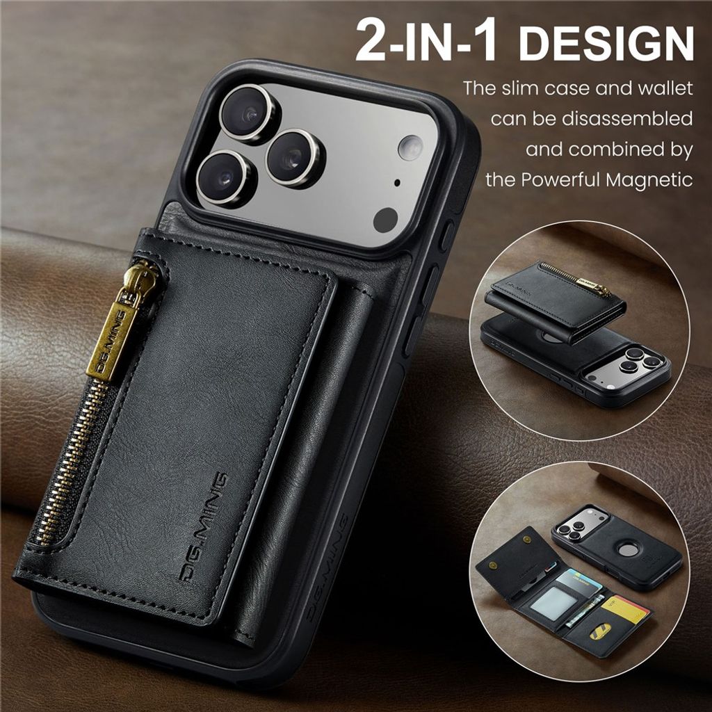 DG.MING iPhone 18 Pro/17 Pro Deksel med Magnetisk Avtakbar Lommebok - Svart