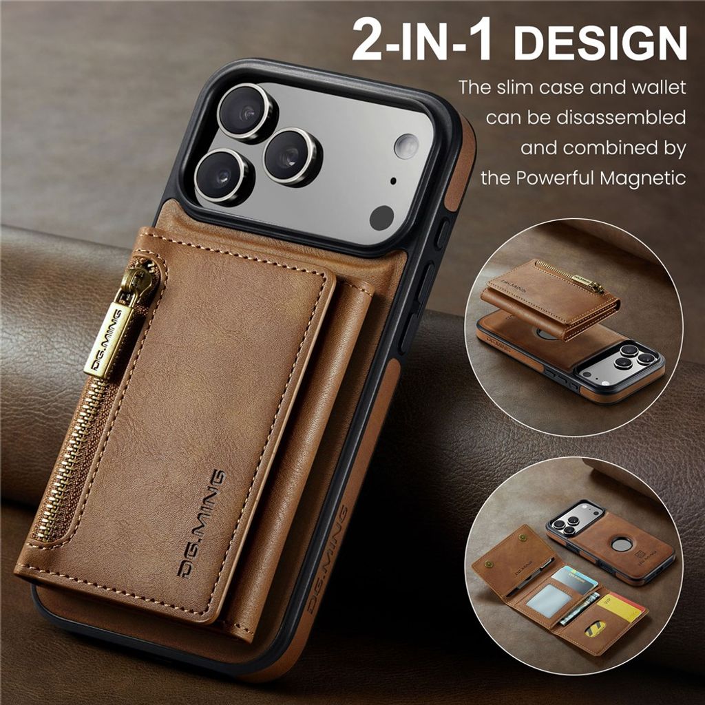 DG.MING iPhone 18 Pro/17 Pro Deksel med Magnetisk Avtakbar Lommebok - Brun