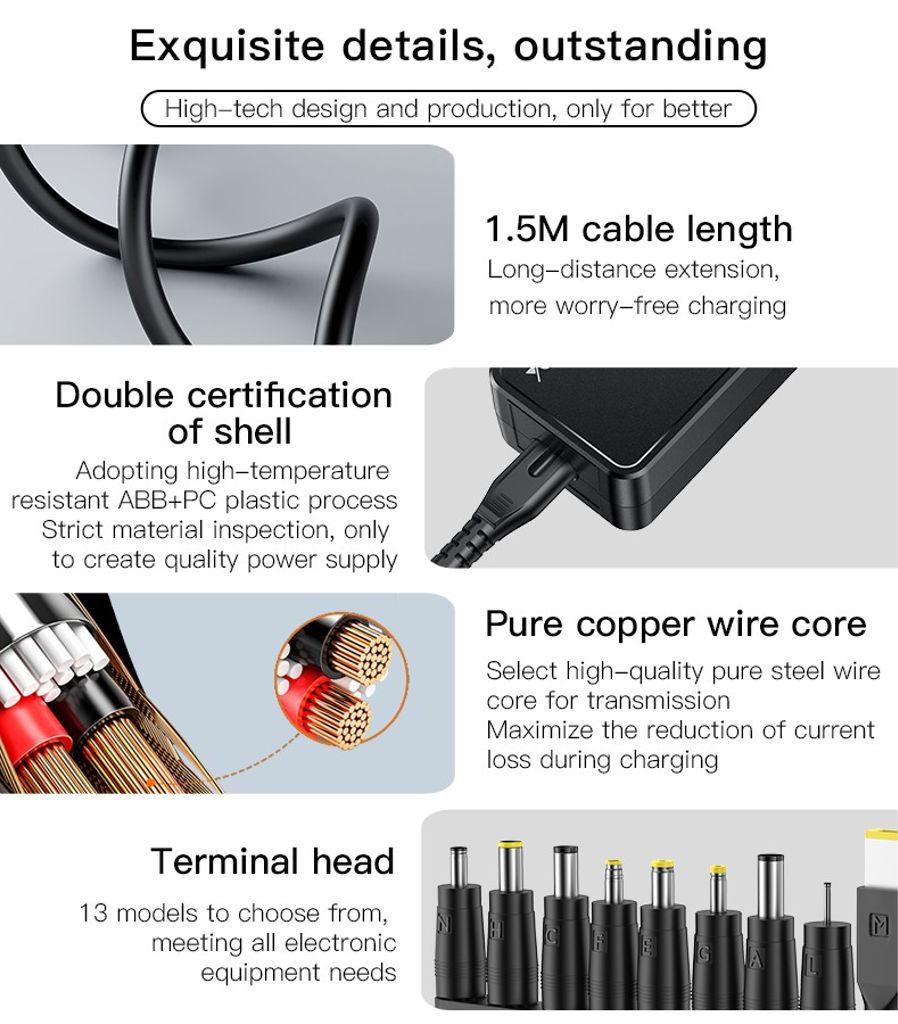 YESIDO CG11E Universal Laptop Oplader 65W Hurtig Oplader med 15 DC Stik