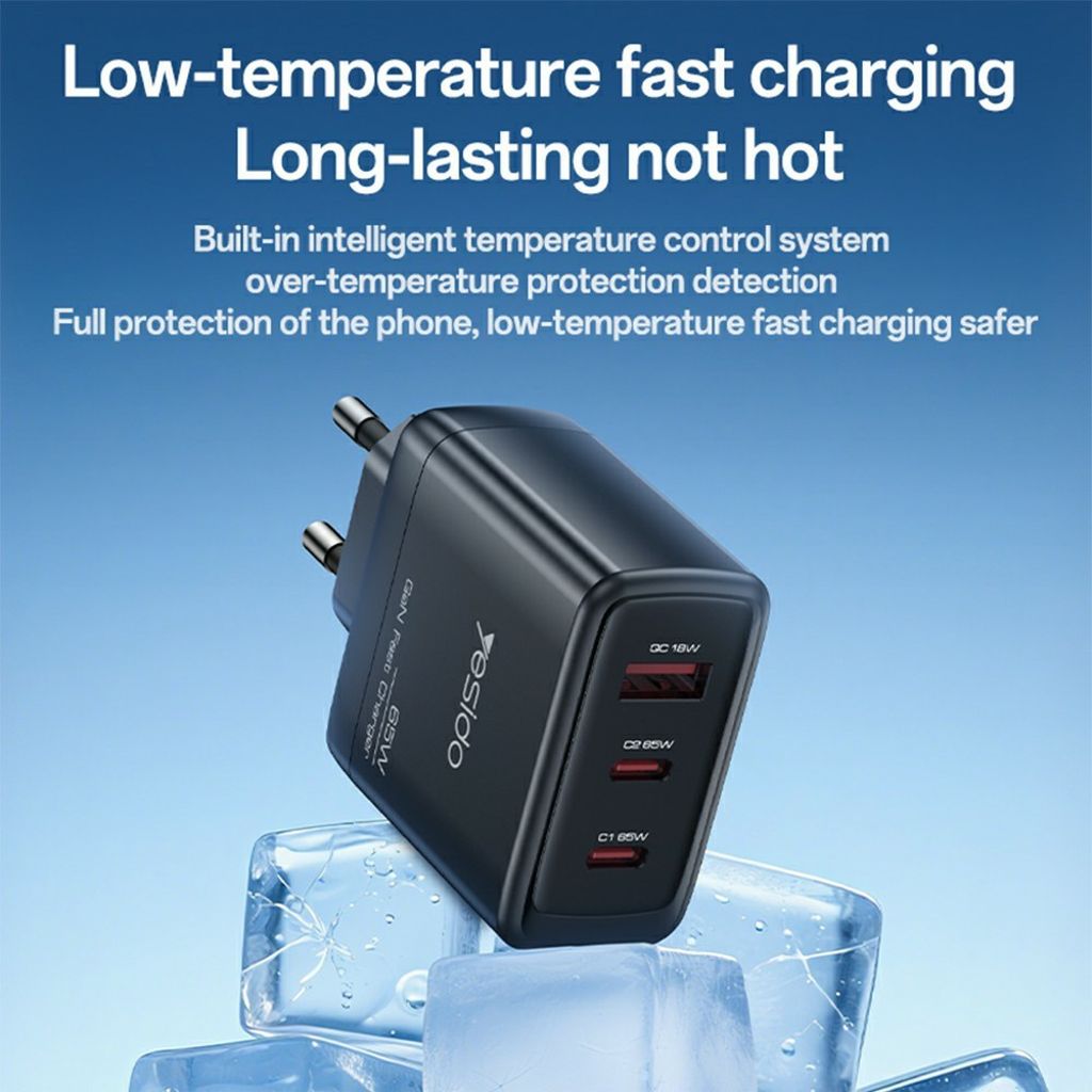 YESIDO YC144C 65W GaN hurtigoplader 2xUSB-C/1xUSB-A med USB-C kabel 1,2m – Sort