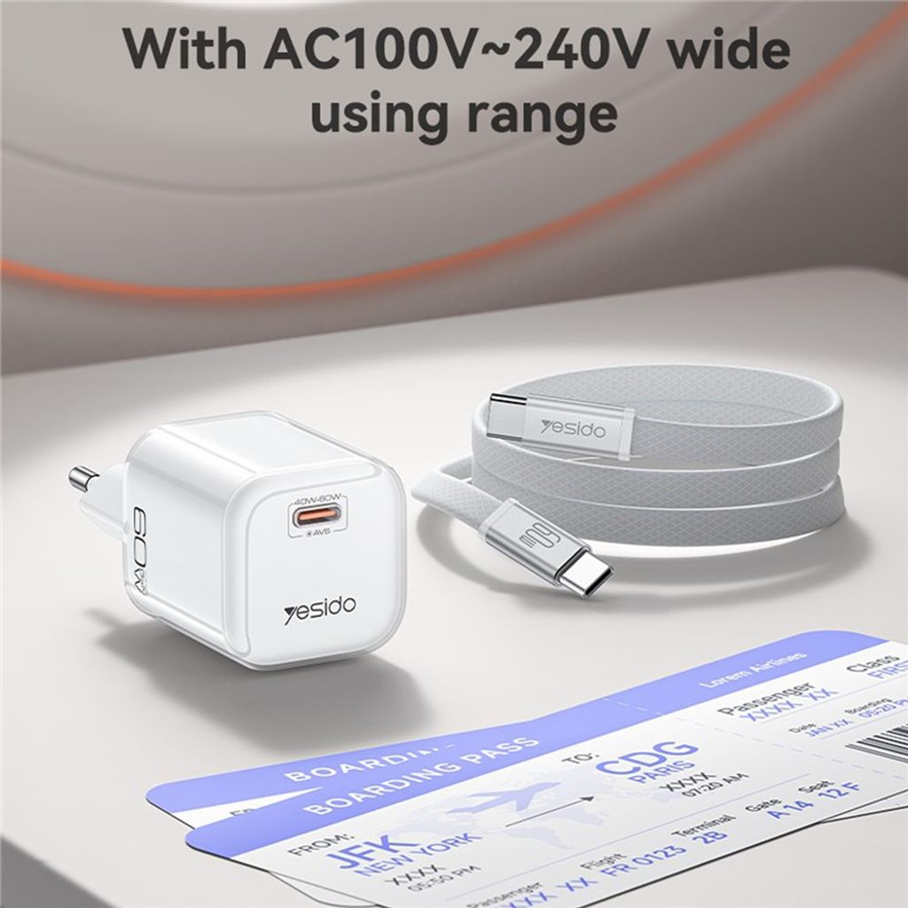 Yesido YC117 60W USB-C GaN-vegglader med USB-C-kabel – oransje