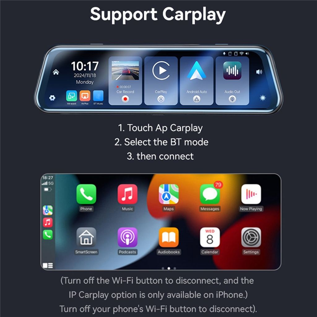 YESIDO KM24 -peruutuspeilikamera autoon, jossa on Carplay – Android Auto, AirPlay-näyttö