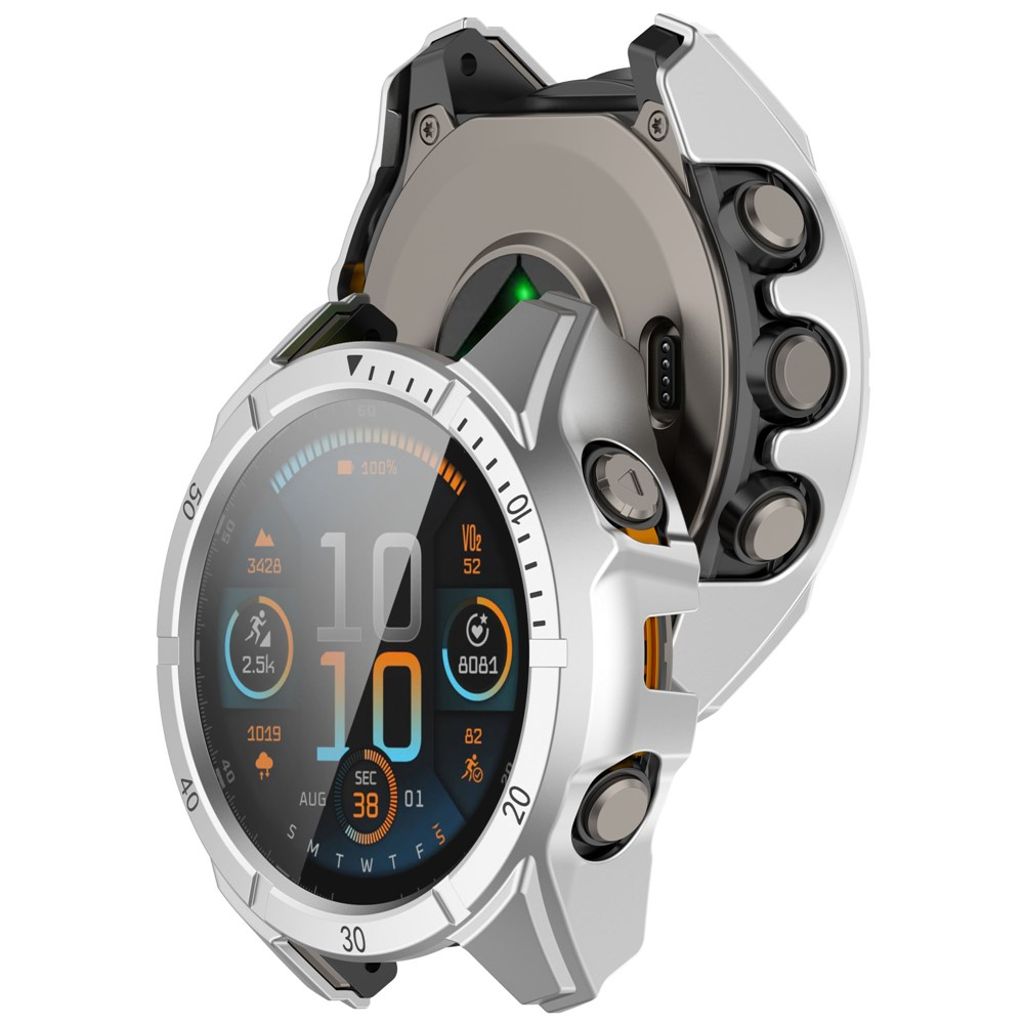 Garmin Fenix 8 47mm Case with Tempered Glass Screen Protector – Silver/Black