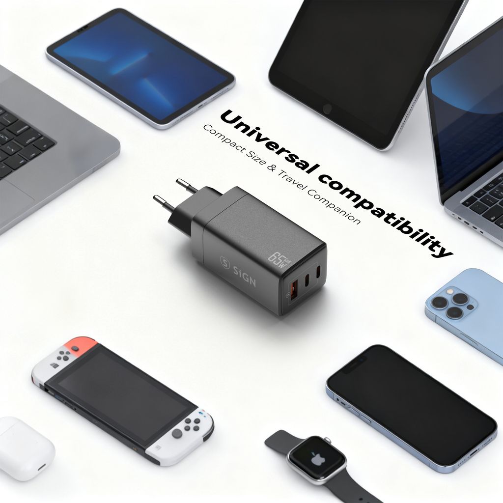 SiGN GaN Ultra 65W 2xUSB-C og 1xUSB-A hurtiglader - svart