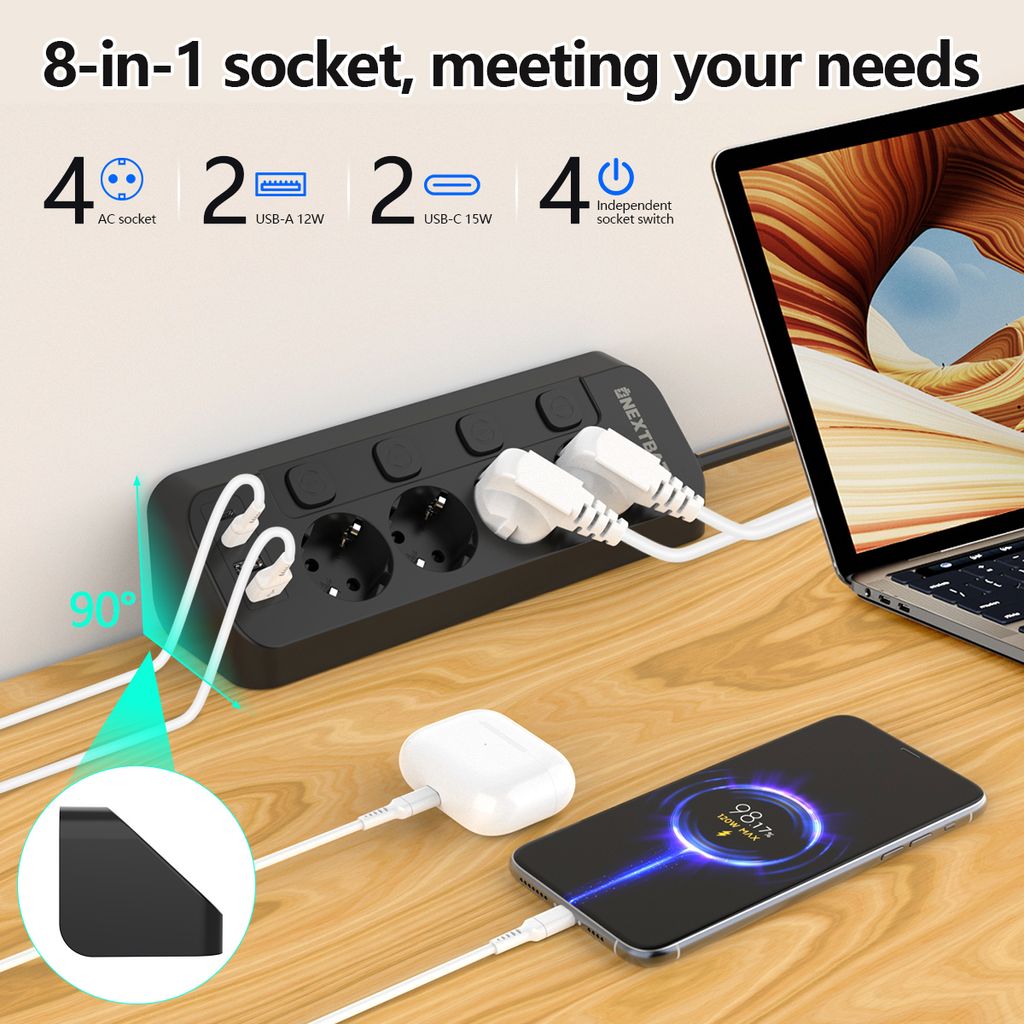 NEXTBATT Snabbladdning Grenuttag 4-vägs/USB-A/USB-C – svart