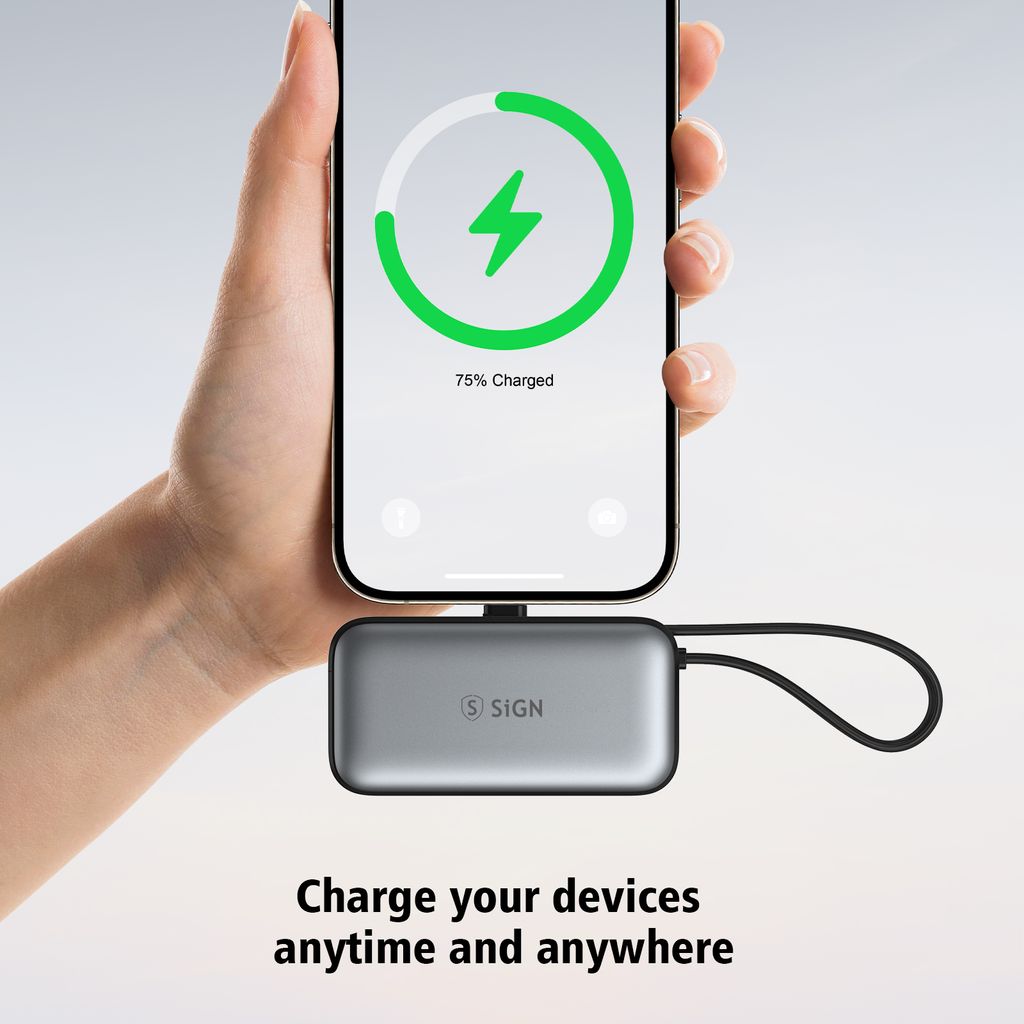 SiGN 5000mAh Powerbank Snabbladdning med Inbyggd USB-C-kabel